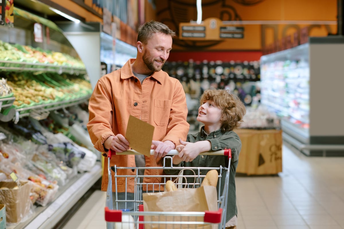 Father and son enjoying grocery shopping together with a Grocery LISS list