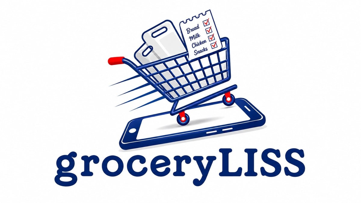 groceryLISS logo featuring a shopping cart with grocery items on a mobile phone