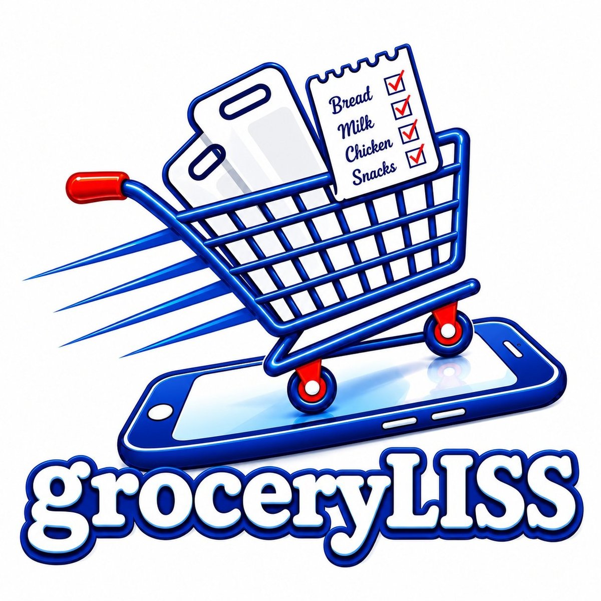 GroceryLISS logo showing a shopping cart with groceries on a smartphone, representing a mobile grocery shopping app